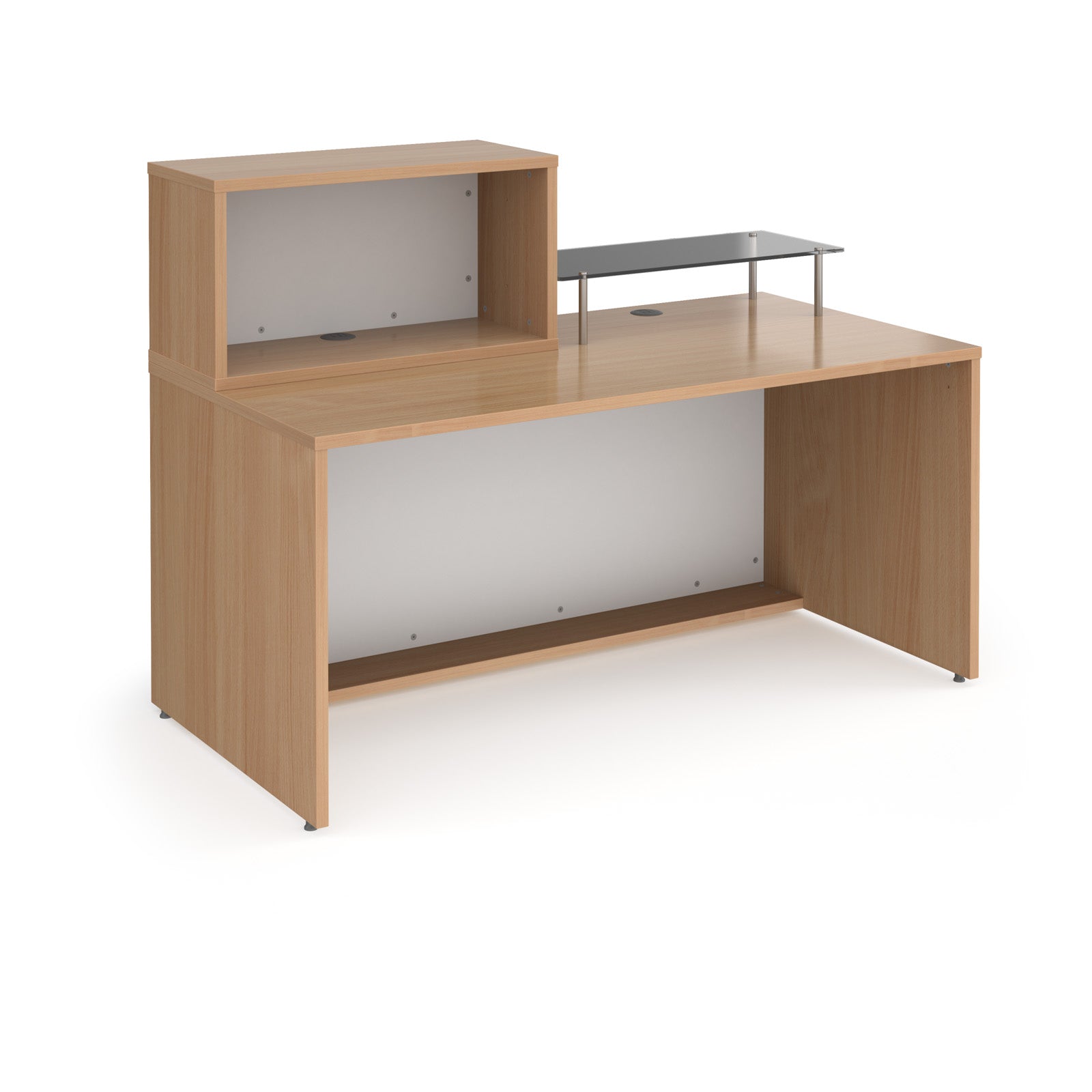 Wooden reception desk with a glass top on a white background