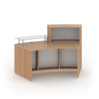 Wooden reception desk with glass top on a white background