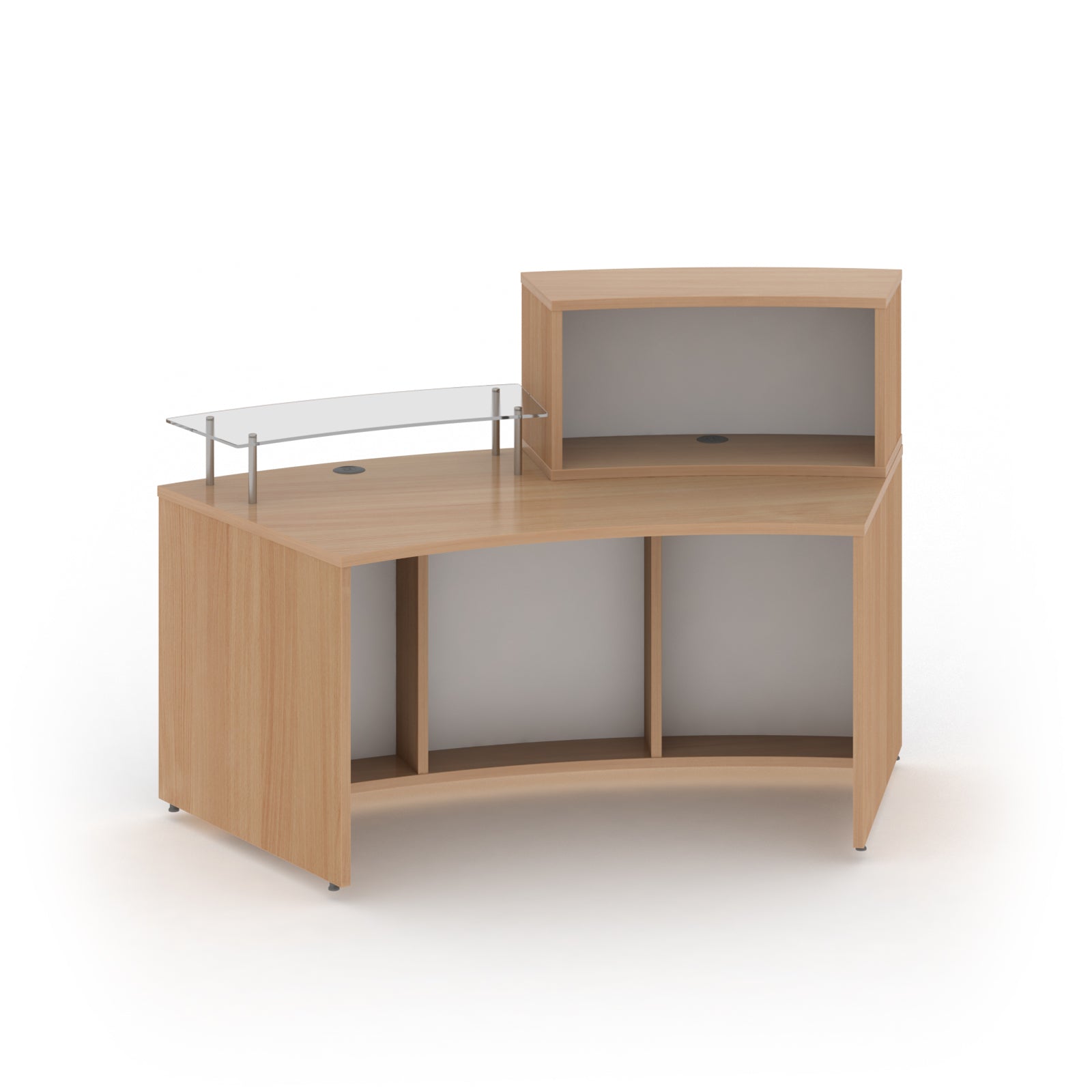 Wooden reception desk with glass top on a white background