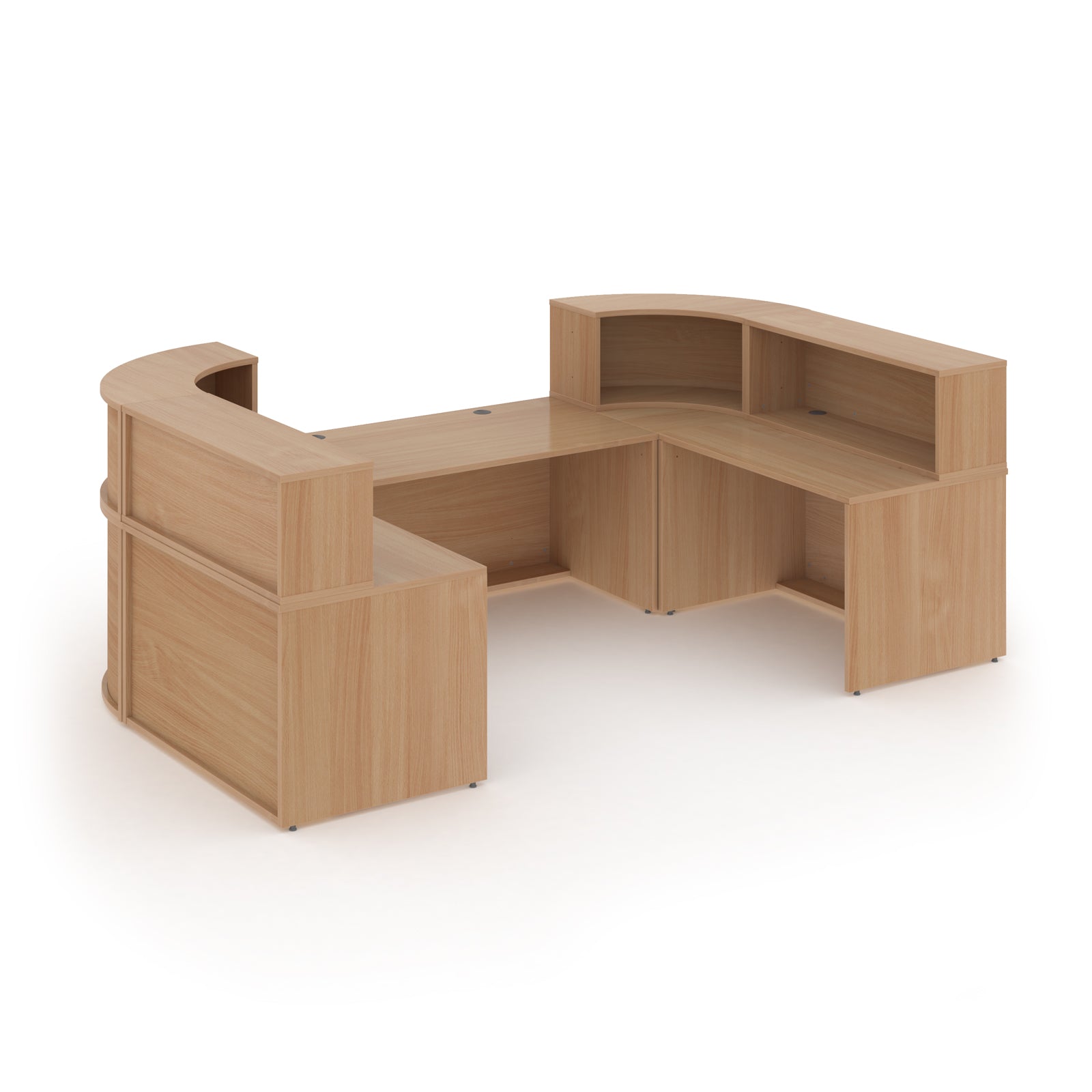 Wooden U-shaped reception desk on a white background
