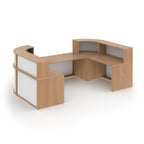 Wooden U-shaped reception desk with white panels on a white background