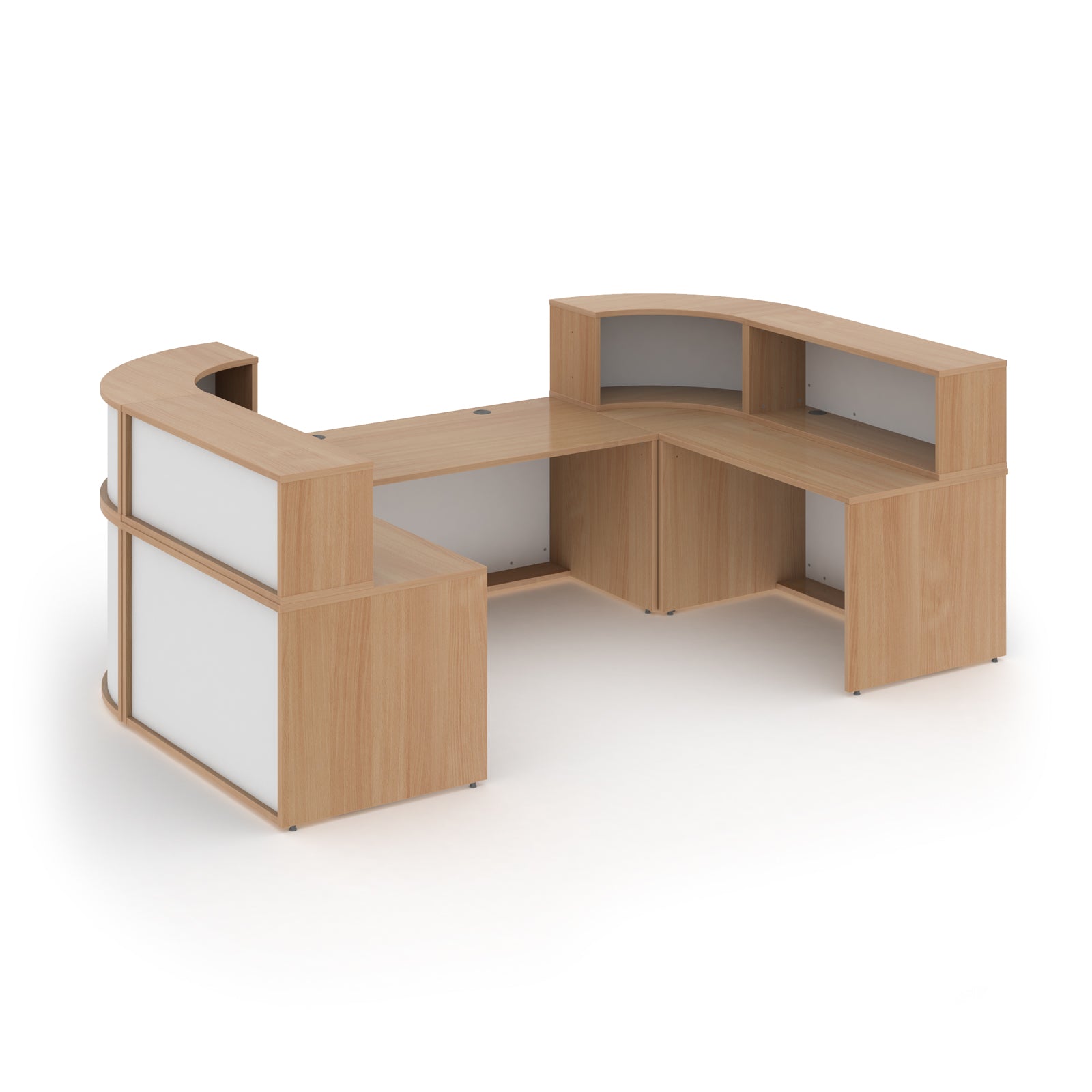 Wooden U-shaped reception desk with white panels on a white background