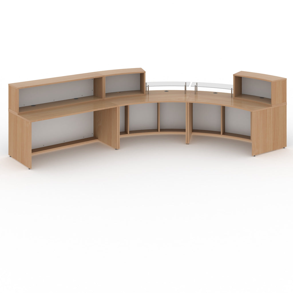 Wooden reception desk with white panels on a white background
