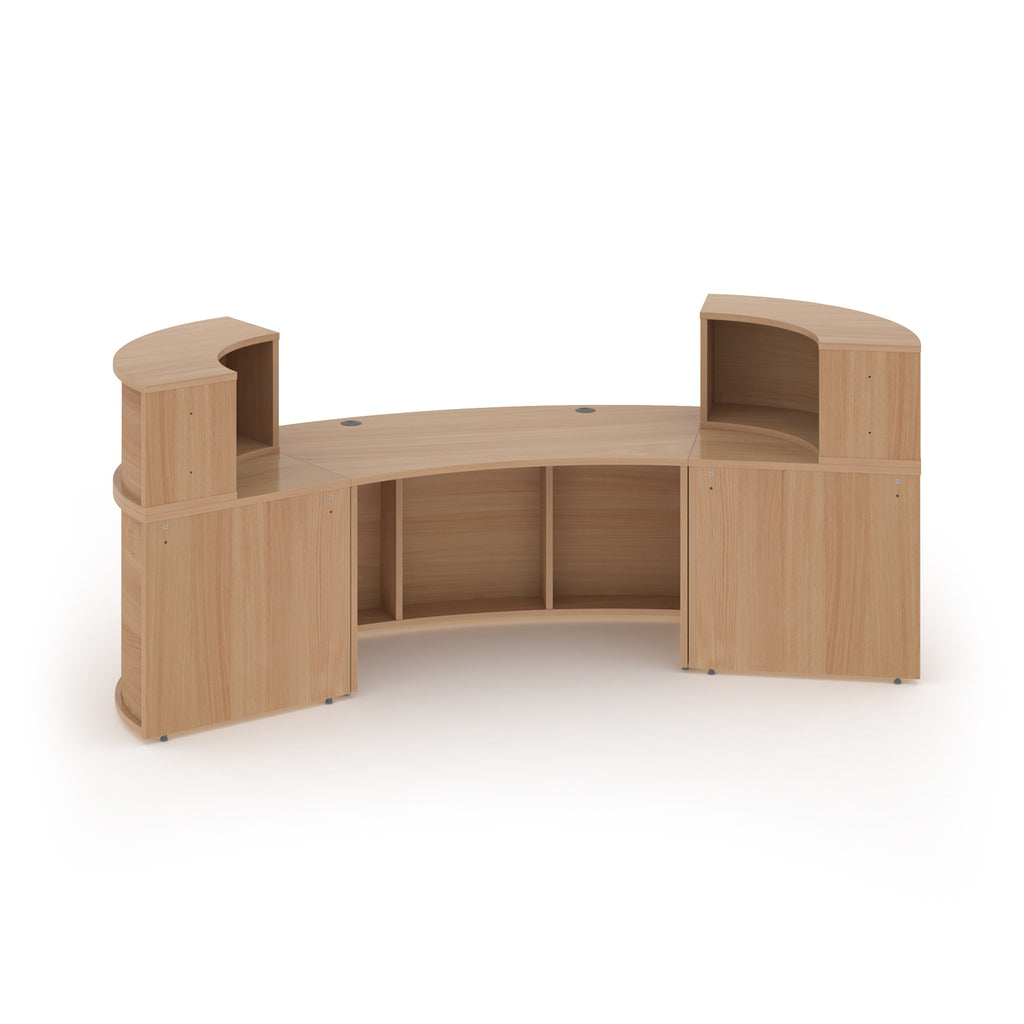 Wooden curved reception desk on a white background