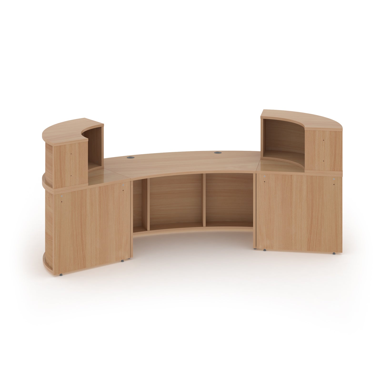 Wooden curved reception desk on a white background