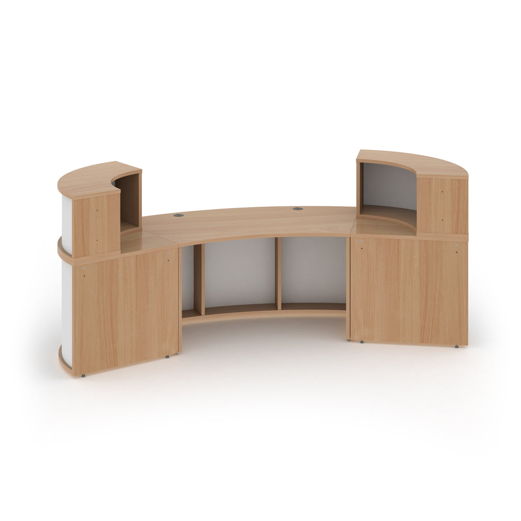 Wooden reception desk with curved design and white panels on a white background