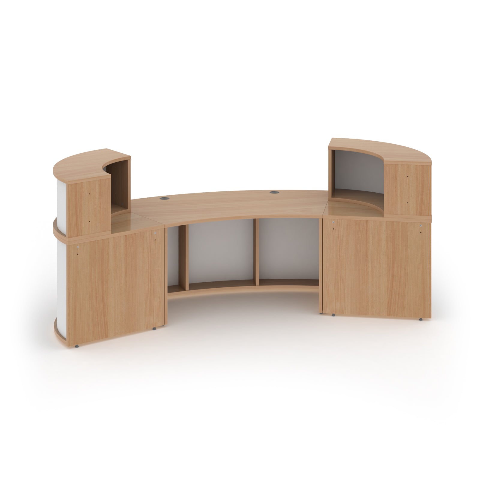 Wooden reception desk with curved design and white panels on a white background
