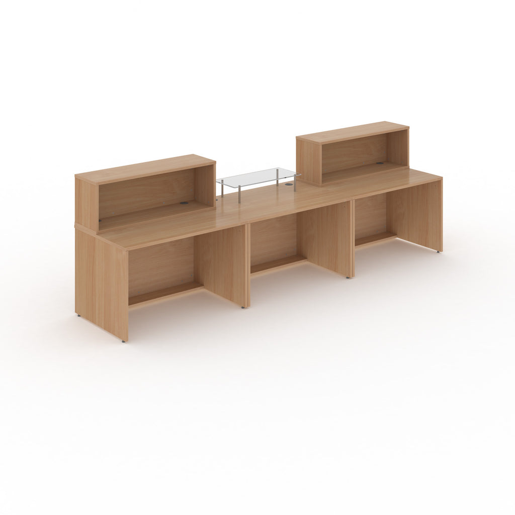 Wooden reception desk with glass top on a white background
