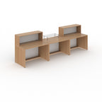 Wooden reception desk with glass top and white panels on a white background