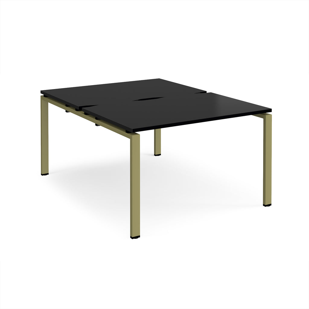 Back-to-back desk with black top and green metal frame on a white background
