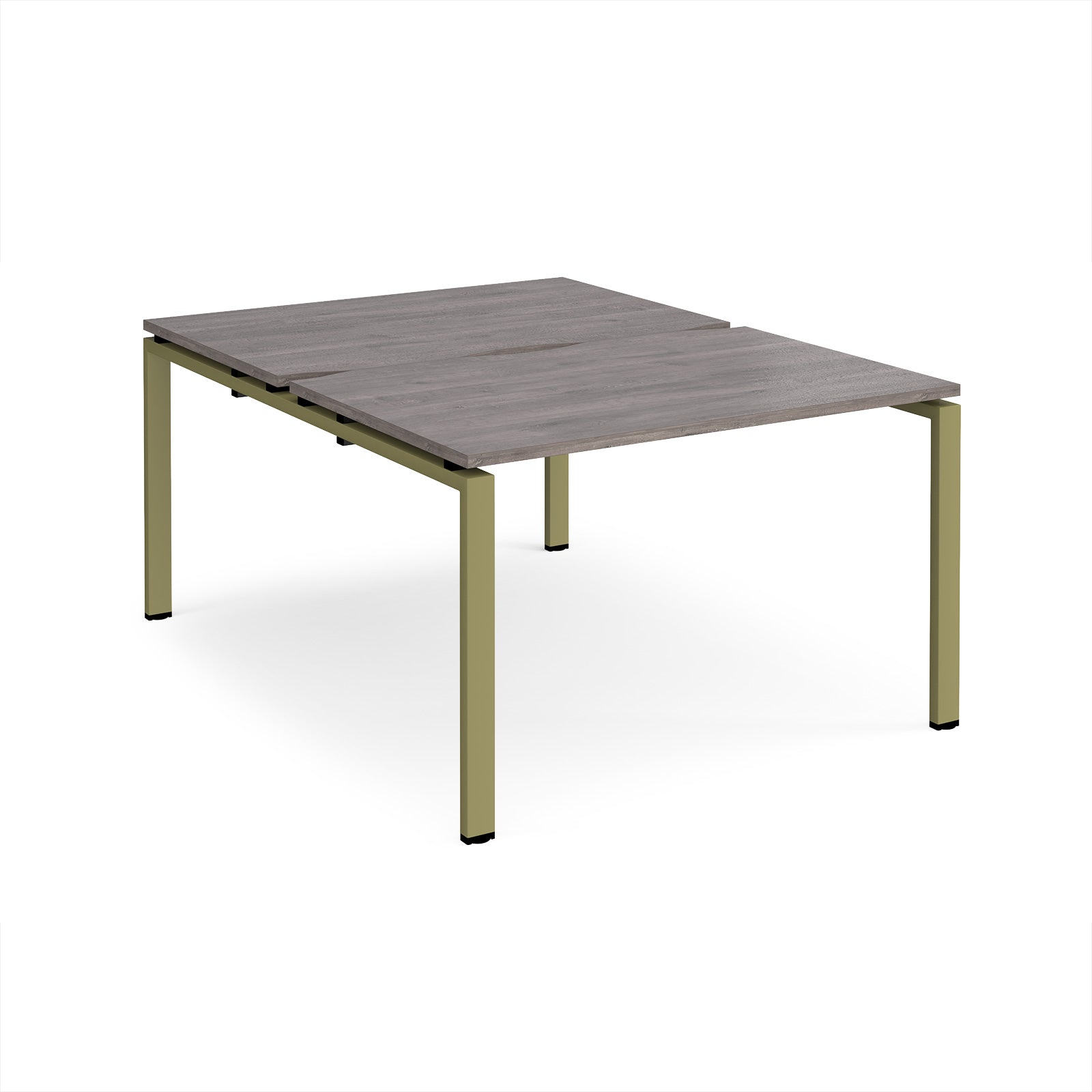 Back-to-back desk with grey wood-effect top and green metal frame on a white background