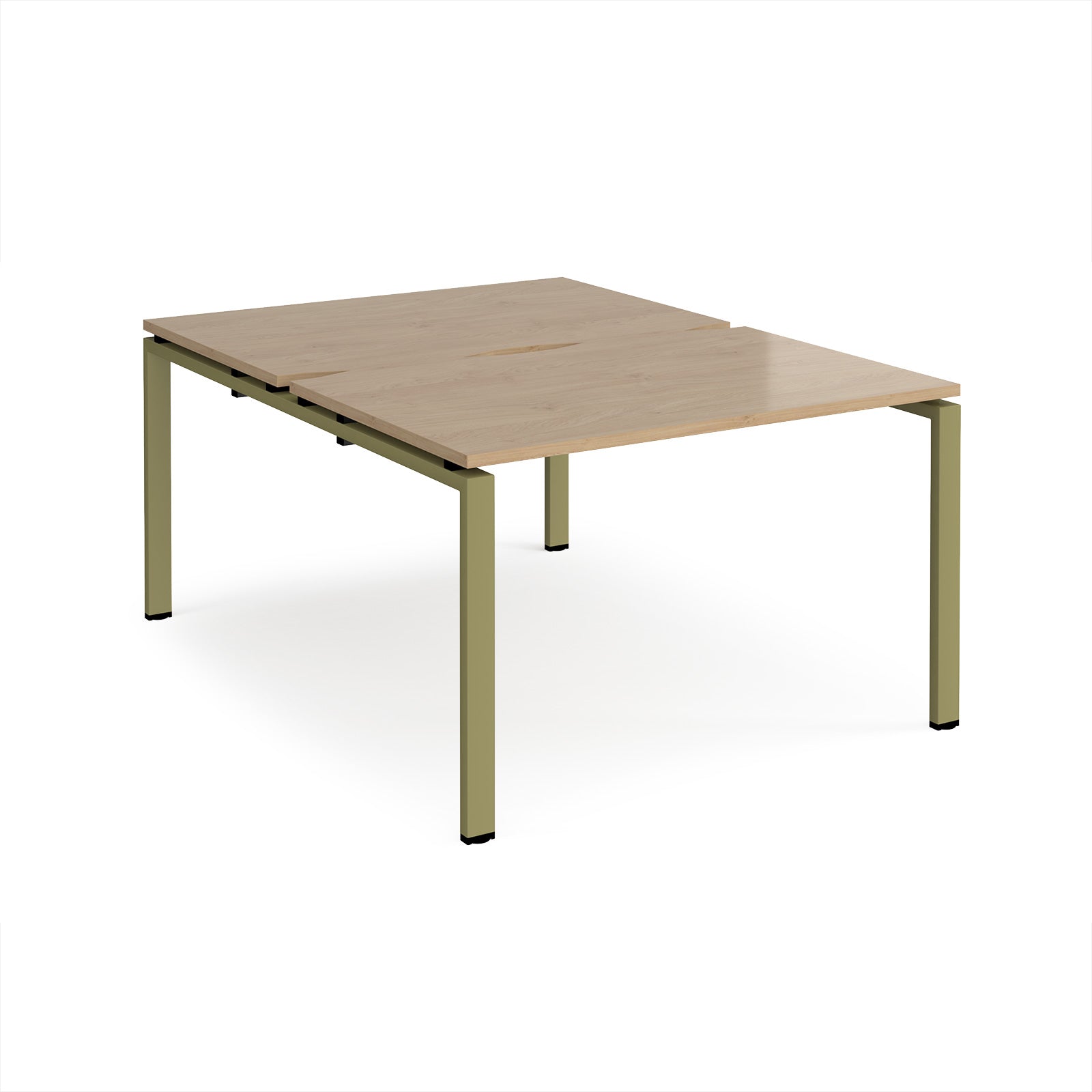 Back-to-back desk with wood-effect top and green metal frame on a white background