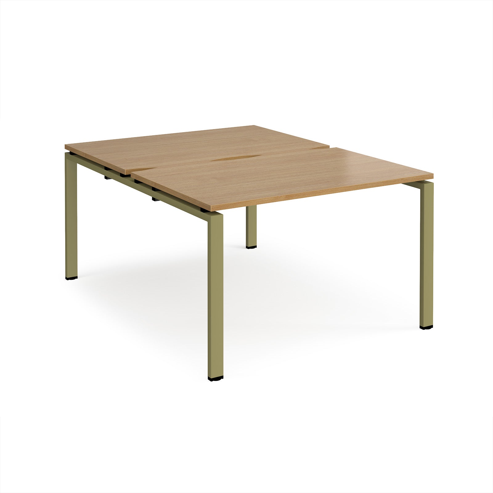 Back-to-back desk with wood-effect top and green metal frame on a white background