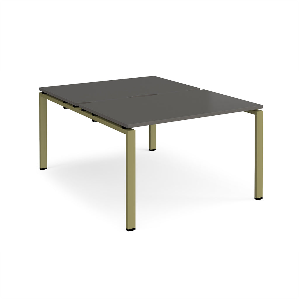 Back-to-back desk with grey top and green metal frame on a white background