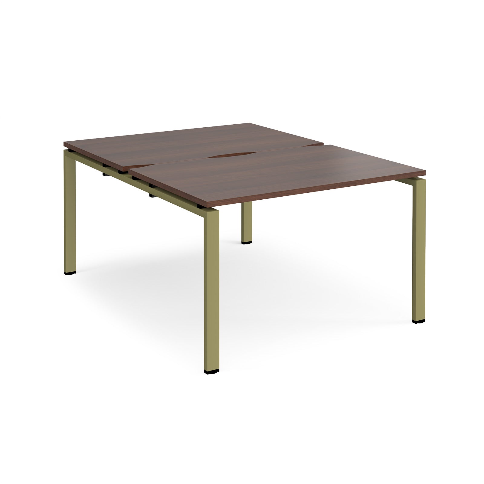 Back-to-back desk with wood-effect top and green metal frame on a white background