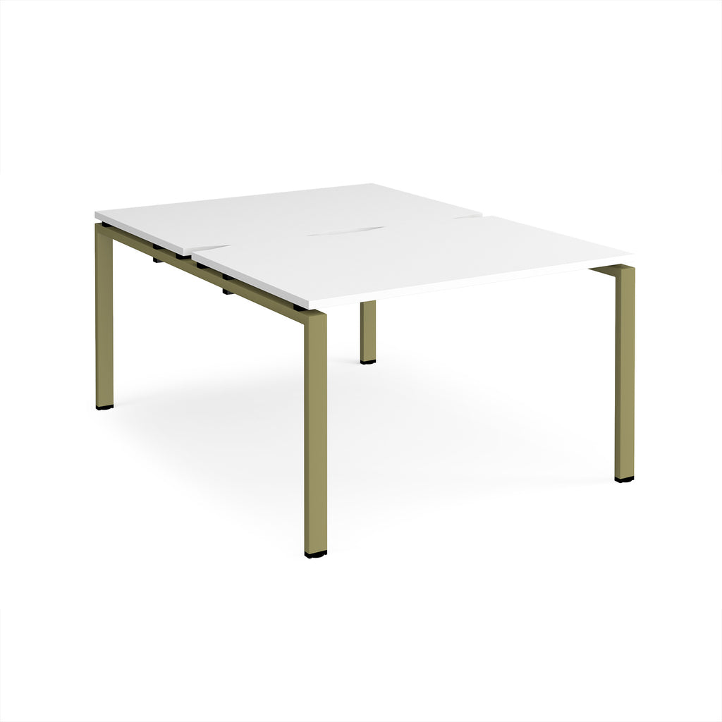 Back-to-back desk with white top and green metal frame on a white background