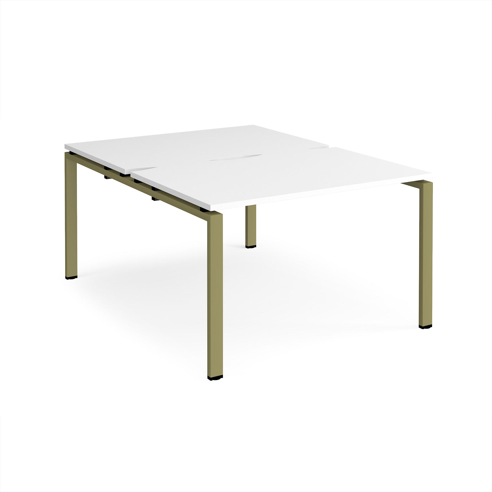 Back-to-back desk with white top and green metal frame on a white background