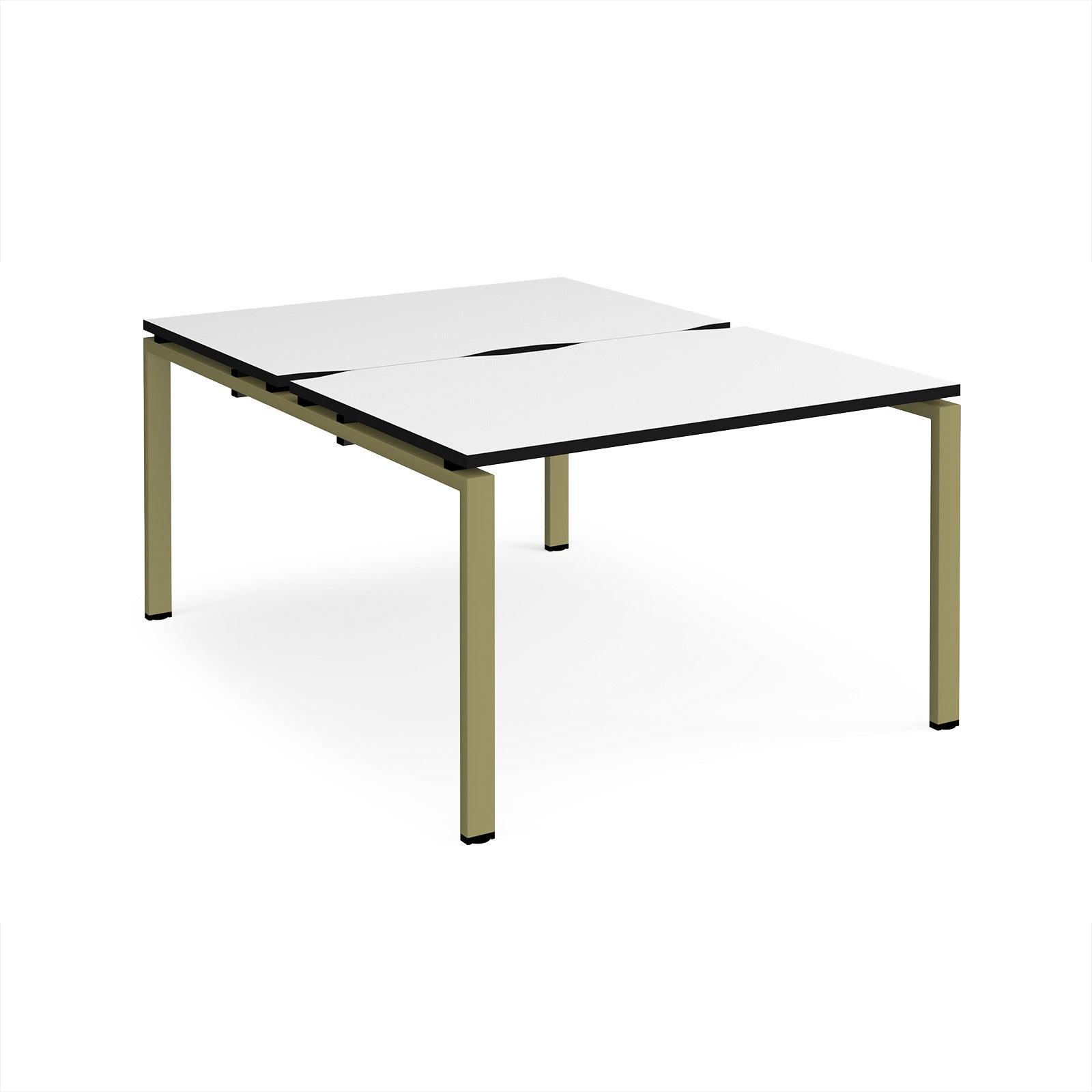 Back-to-back desk with white top with black edges and green metal frame on a white background