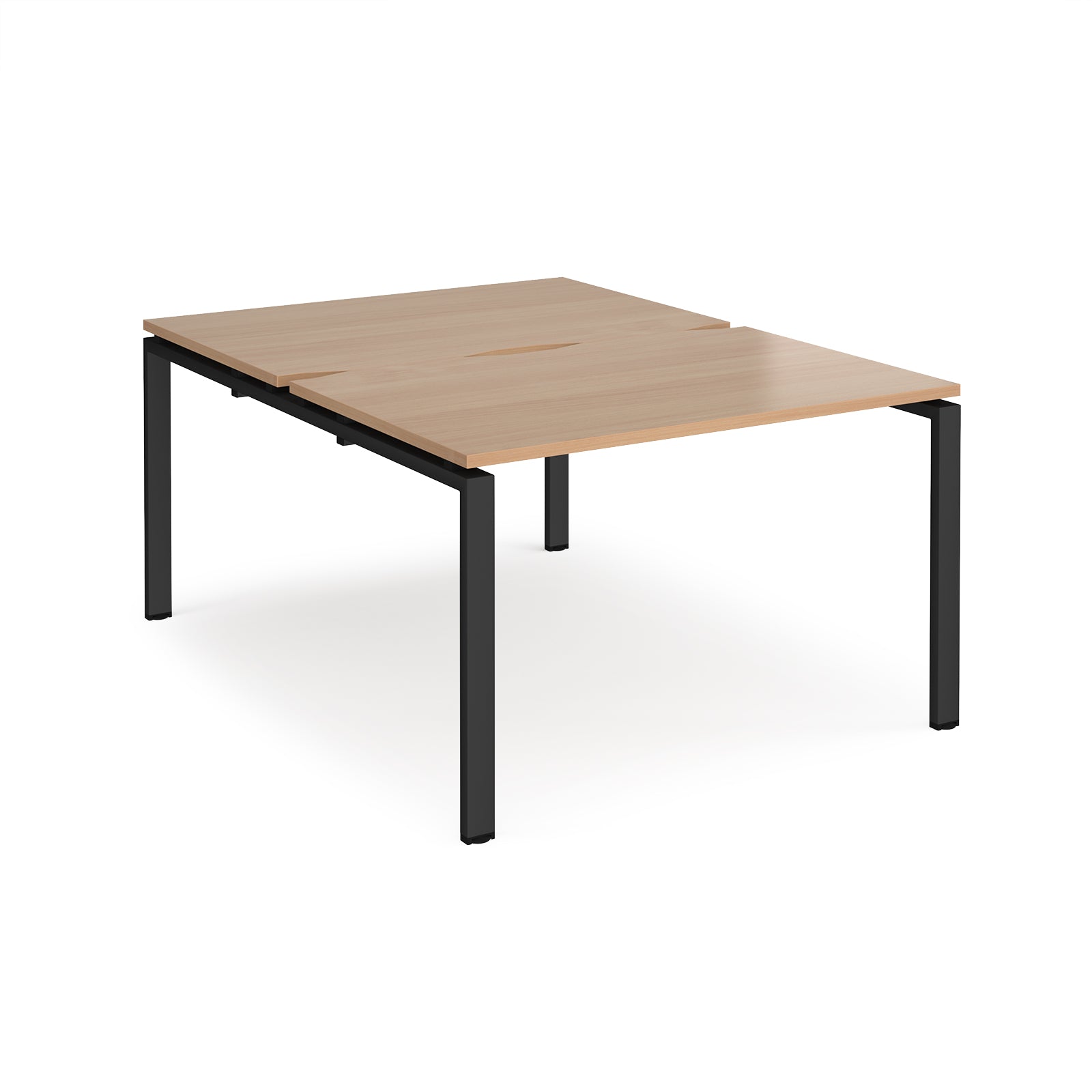 Back-to-back desk with wood-effect top and black metal frame on a white background
