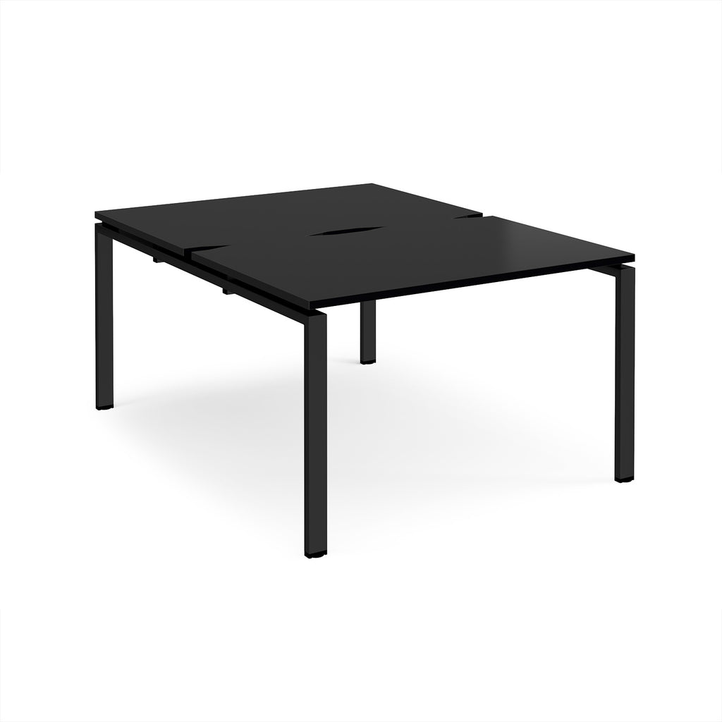 Black back-to-back desk with metal frame on a white background