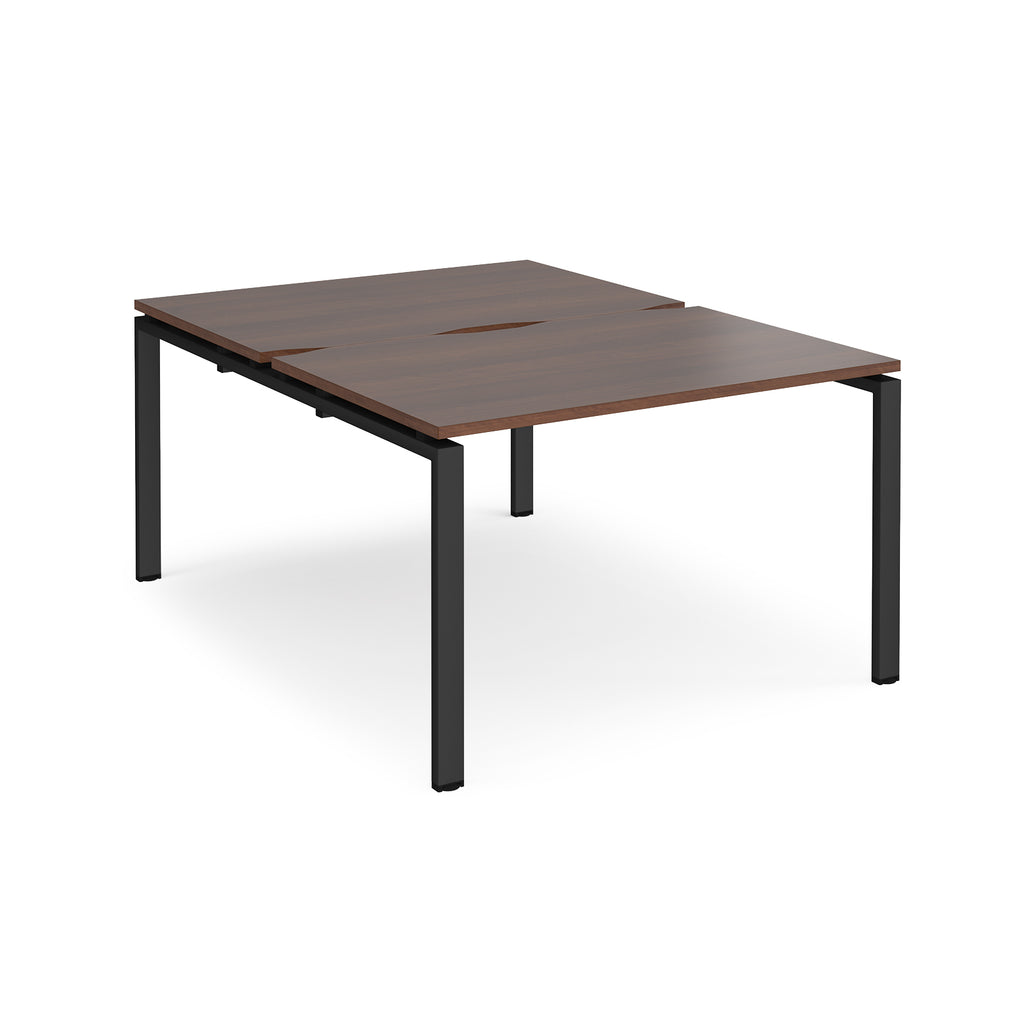 Back-to-back desk with wood-effect top and black metal frame on a white background