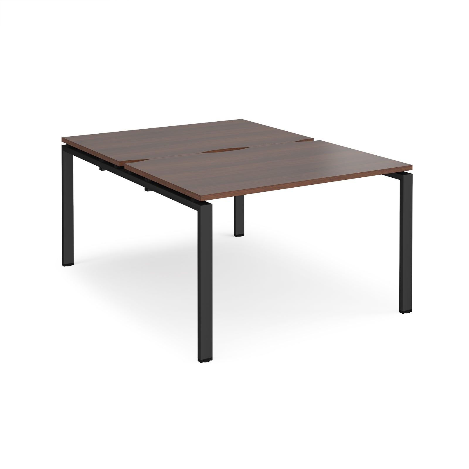 Back-to-back desk with wood-effect top and black metal frame on a white background
