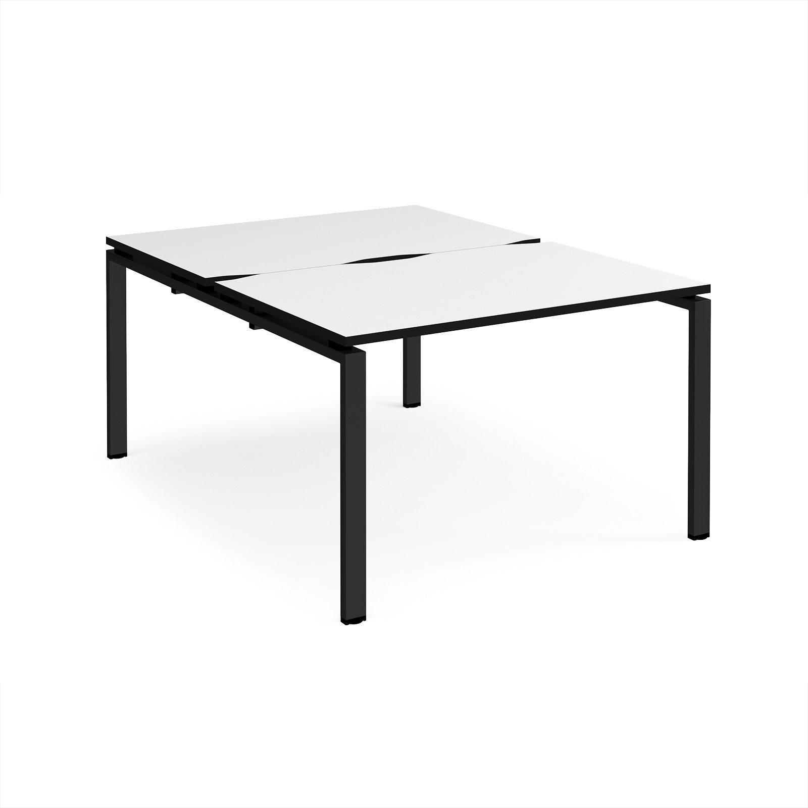 Back-to-back desk with white top with black edges and black metal frame on a white background
