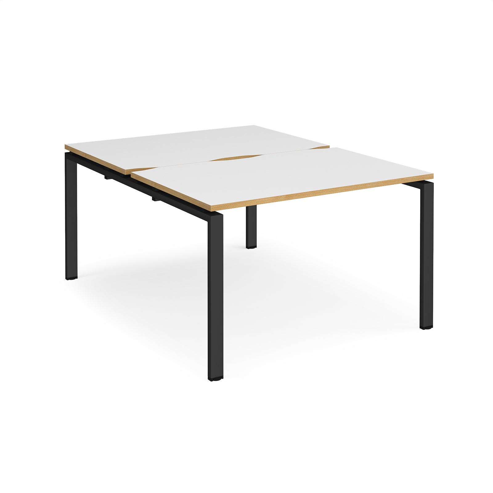 Back-to-back desk with white top with wooden edges and black metal frame on a white background