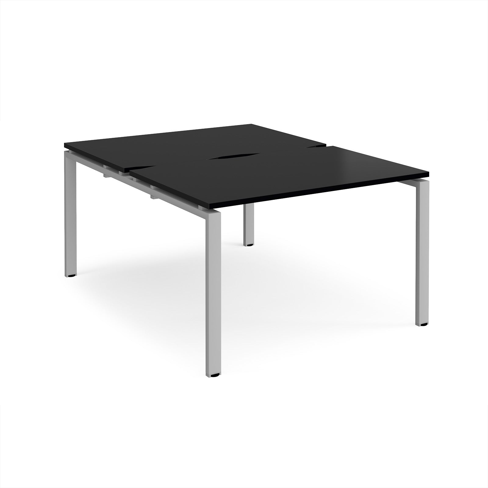 Back-to-back desk with black top and silver metal frame on a white background