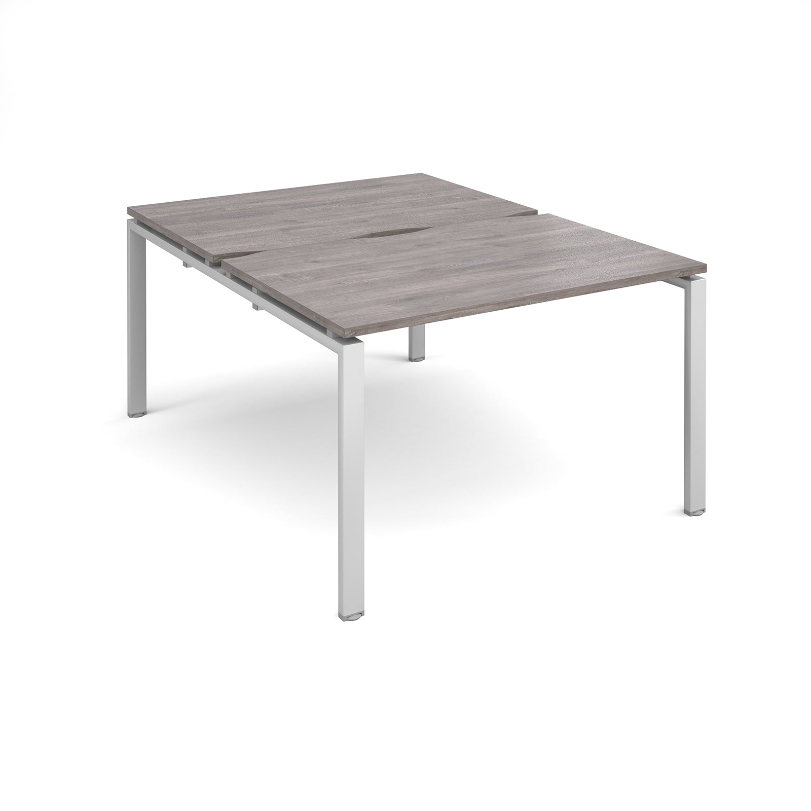 Back-to-back desk with grey wood-effect top and silver metal frame on a white background