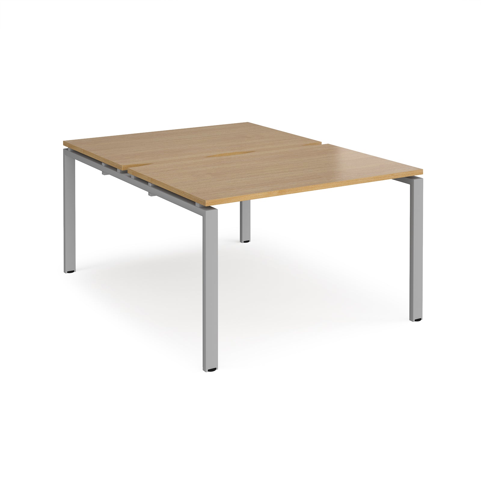 Back-to-back desk with wood-effect top and silver metal frame on a white background