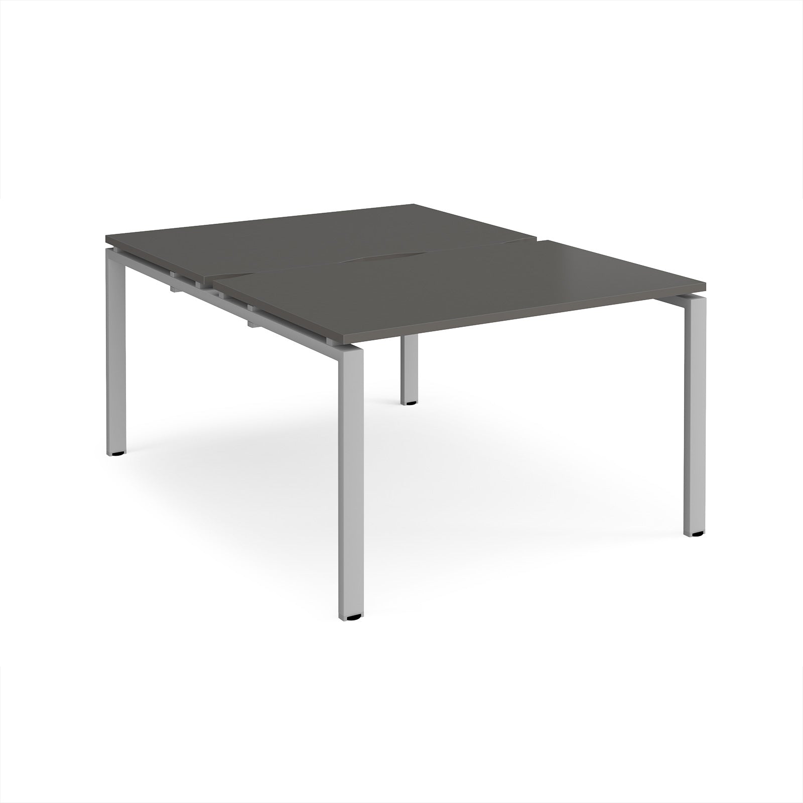Back-to-back desk with grey top and silver metal frame on a white background