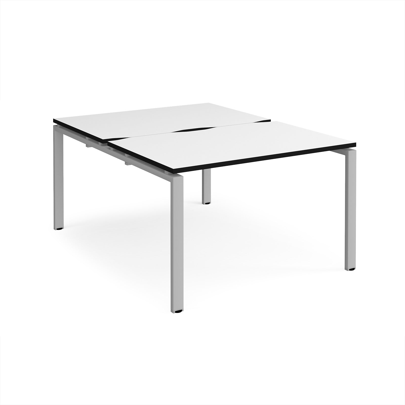 Back-to-back desk with white top with black edges and silver metal frame on a white background