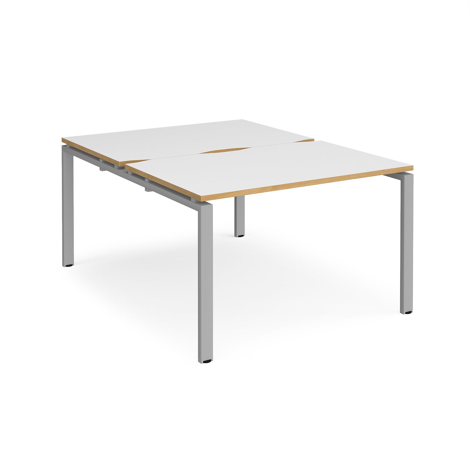 Back-to-back desk with white top with wooden edges and silver metal frame on a white background