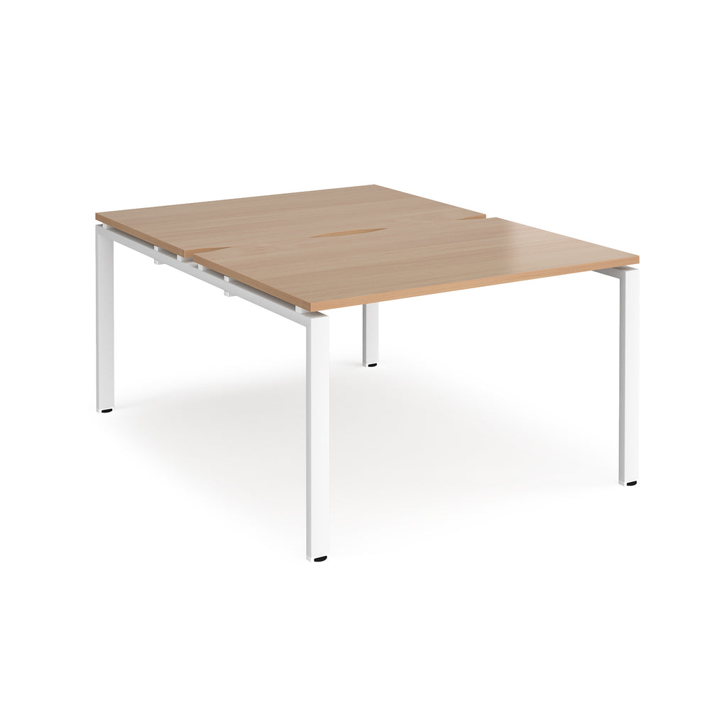 Back-to-back desk with wood-effect top and white metal frame on a white background