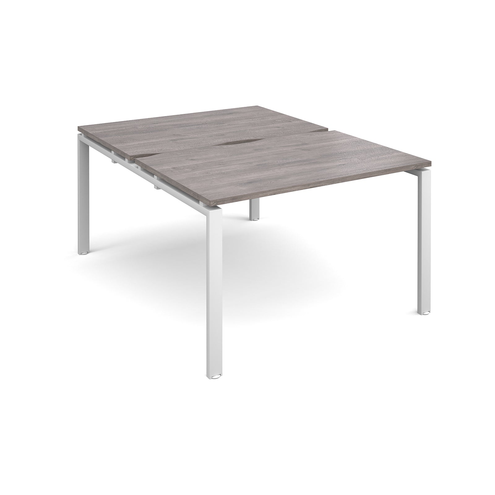 Back-to-back desk with grey wood-effect top and white metal frame on a white background