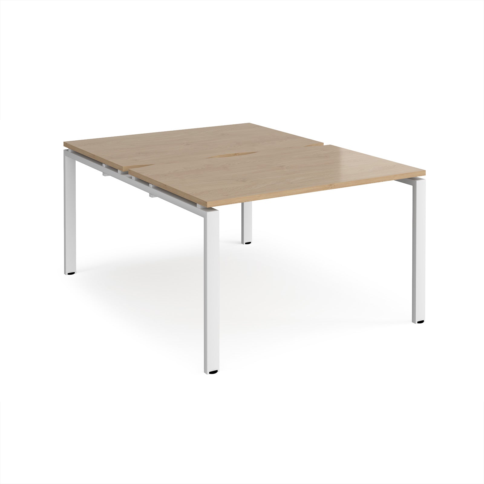 Back-to-back desk with wood-effect top and white metal frame on a white background