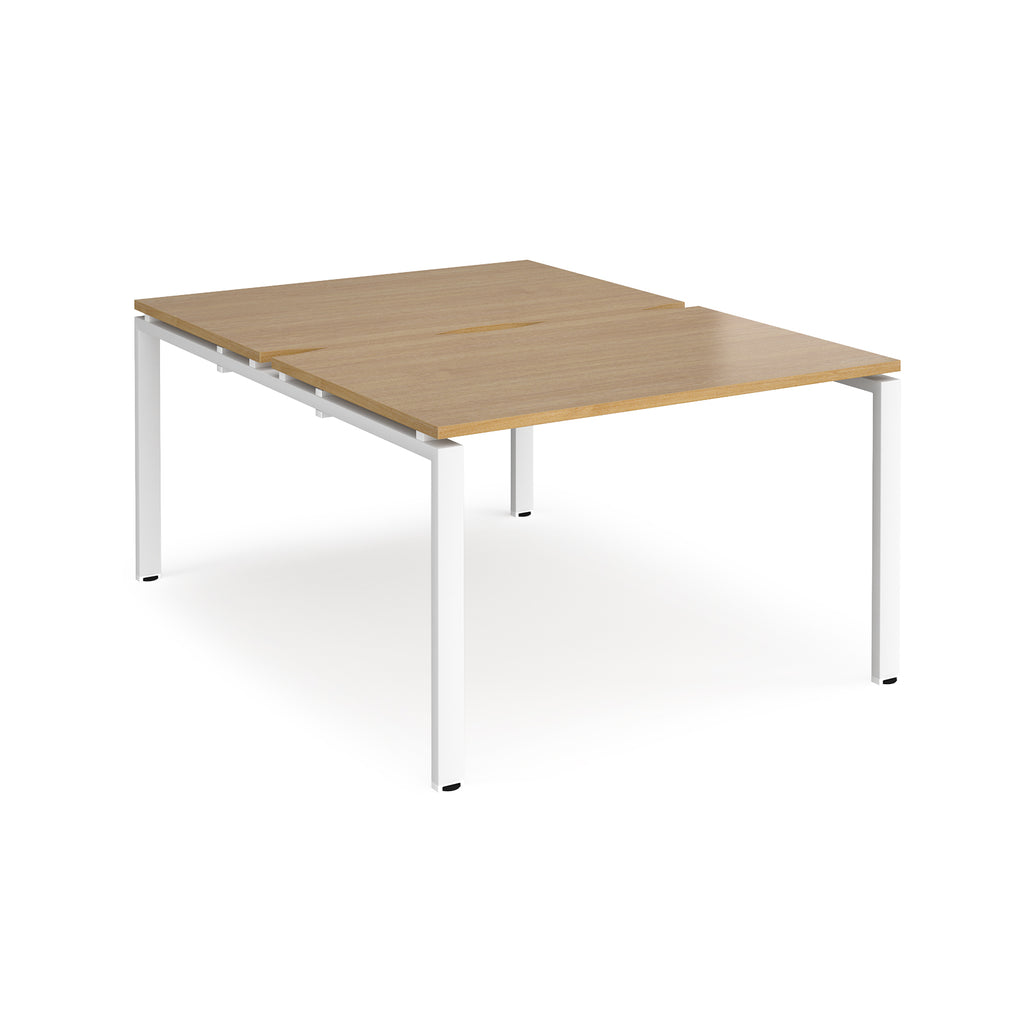 Back-to-back desk with wood-effect top and white metal frame on a white background