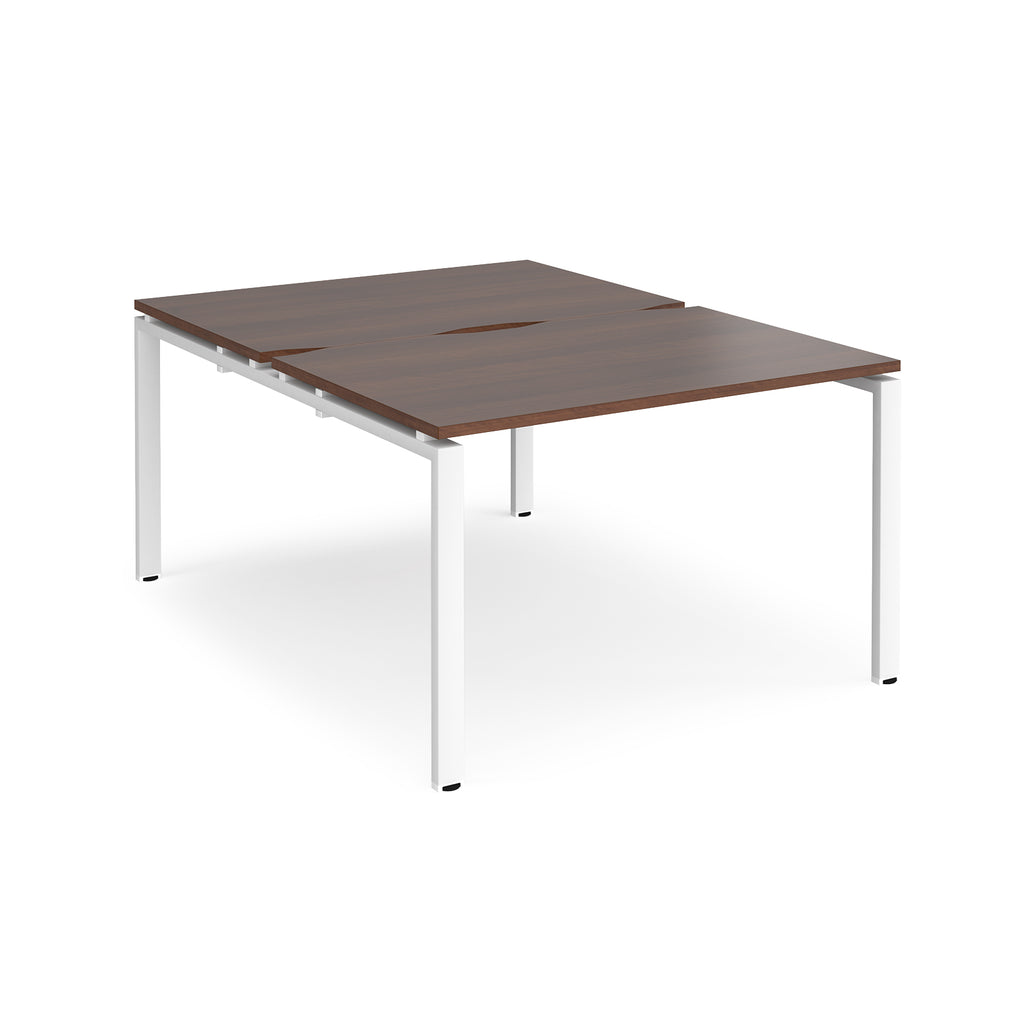 Back-to-back desk with wood-effect top and white metal frame on a white background