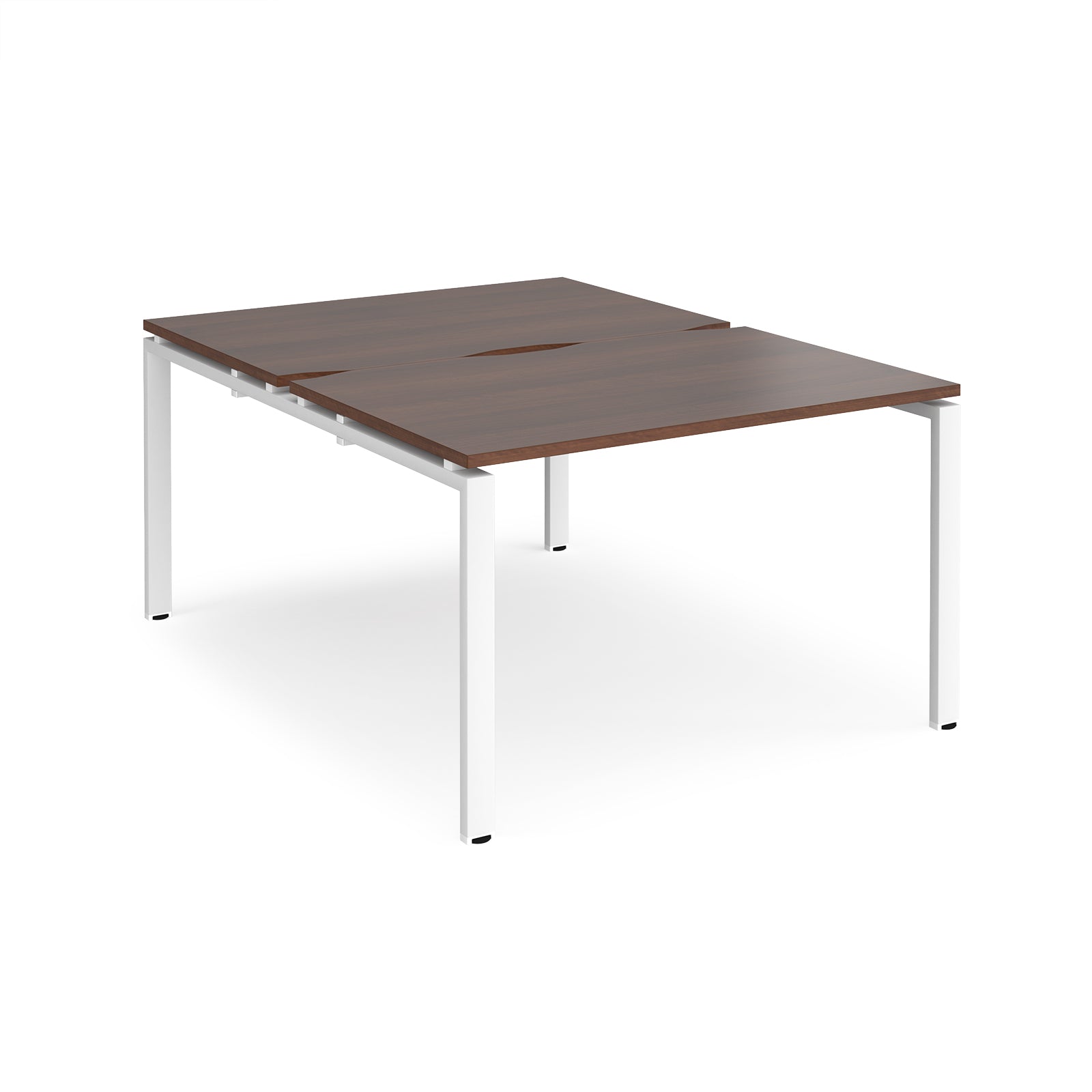 Back-to-back desk with wood-effect top and white metal frame on a white background