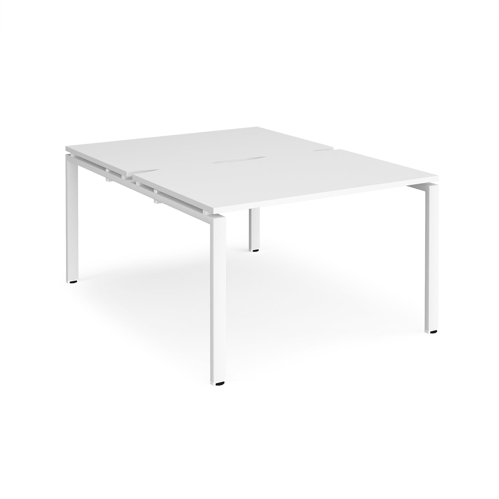 White back-to-back desk with metal frame on a white background