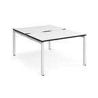 Back-to-back desk with white top with black edges and white metal frame on a white background