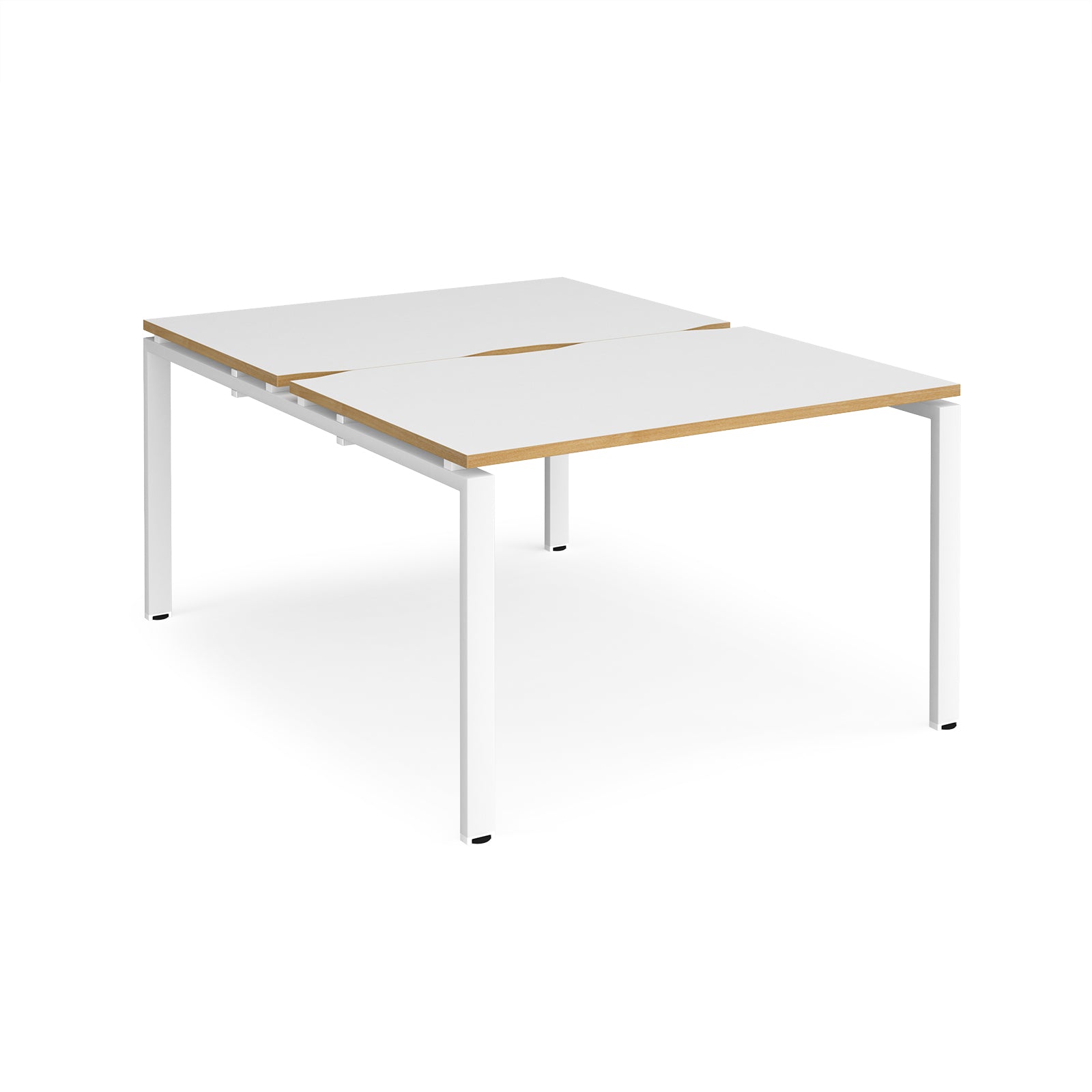 Back-to-back desk with white top with wooden edges and white metal frame on a white background