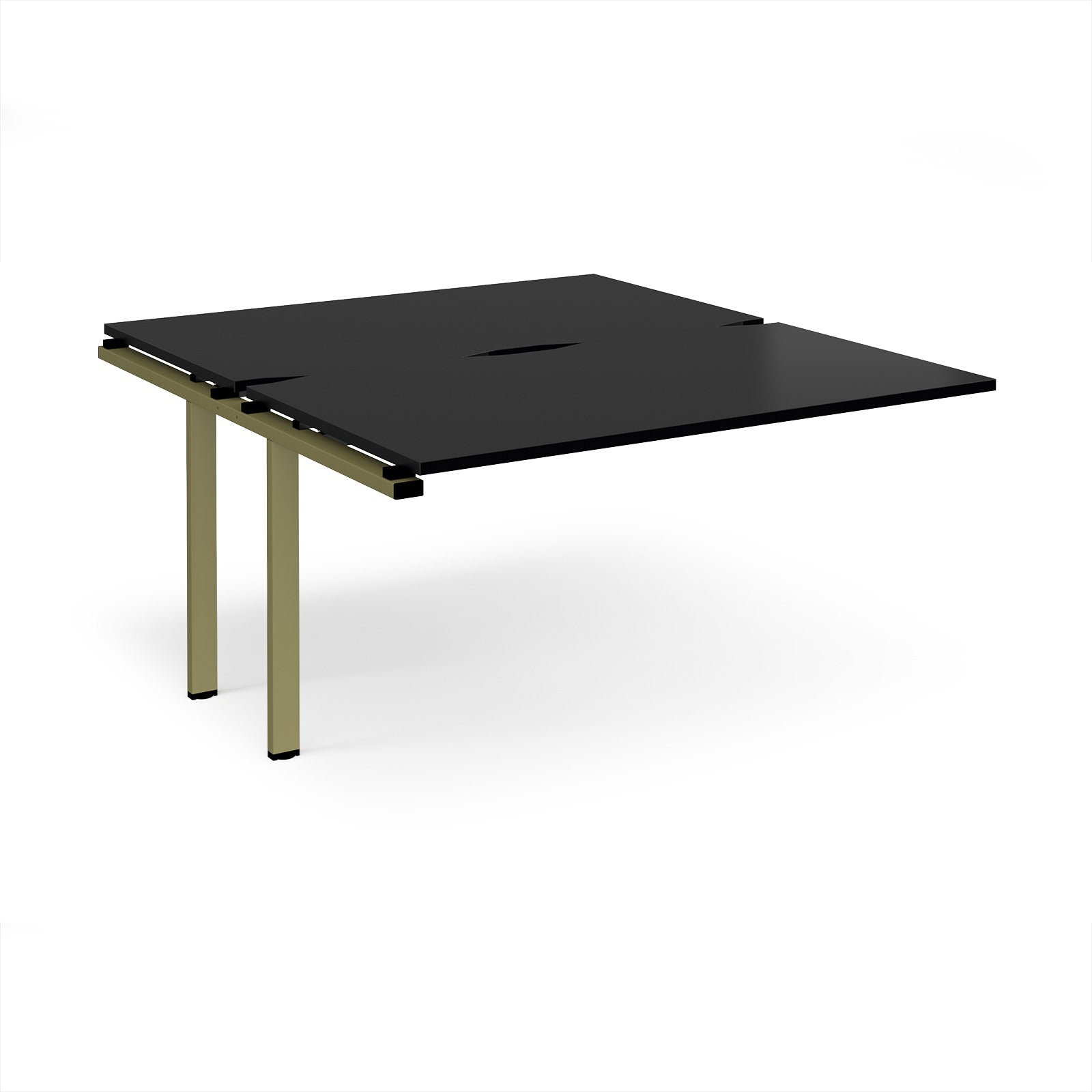 Desk add-on unit with black top and green metal frame on a white background