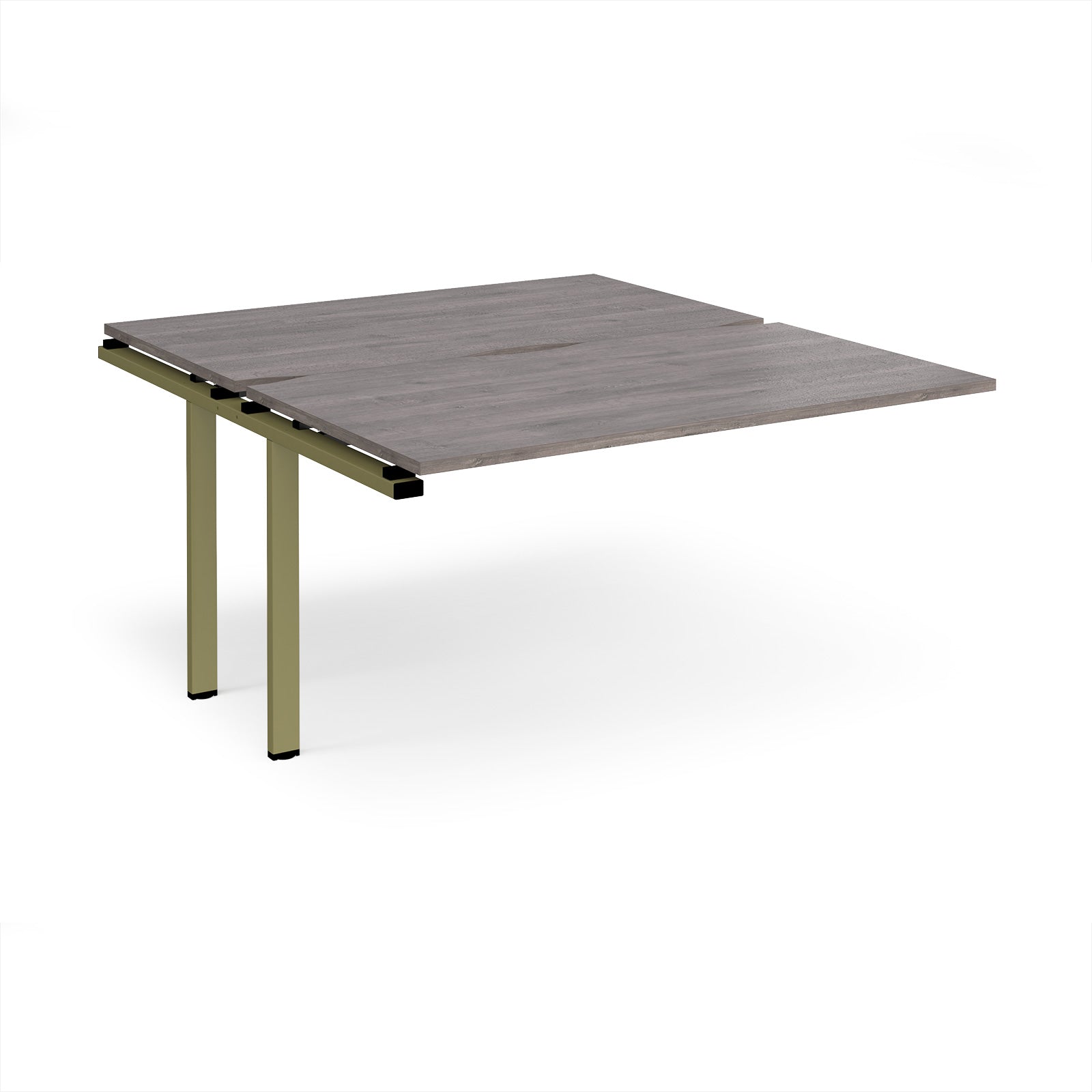 Desk add-on unit with grey wood-effect top and green metal frame on a white background