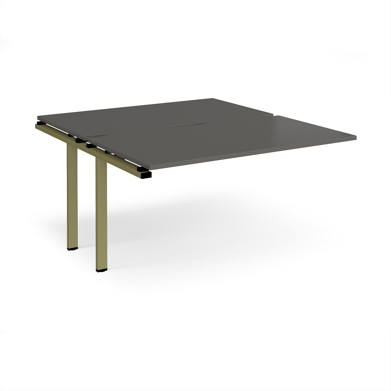 Desk add-on unit with grey top and green metal frame on a white background