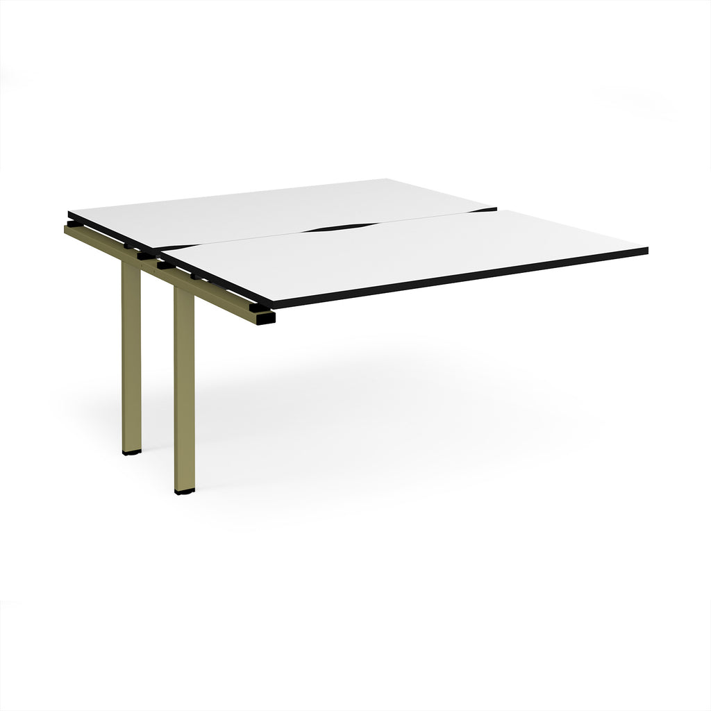 Desk add-on unit with white top with black edges and green metal frame on a white background