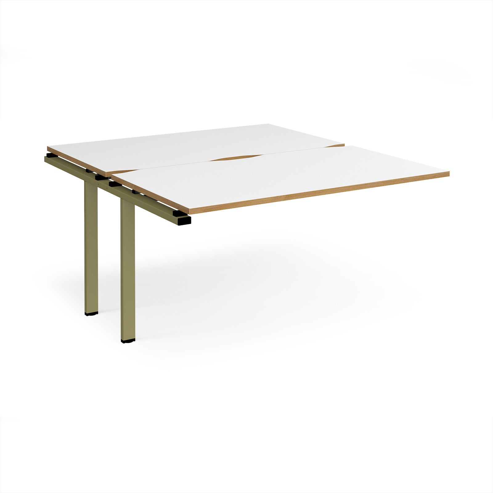 Desk add-on unit with white top with wooden edges and green metal frame on a white background