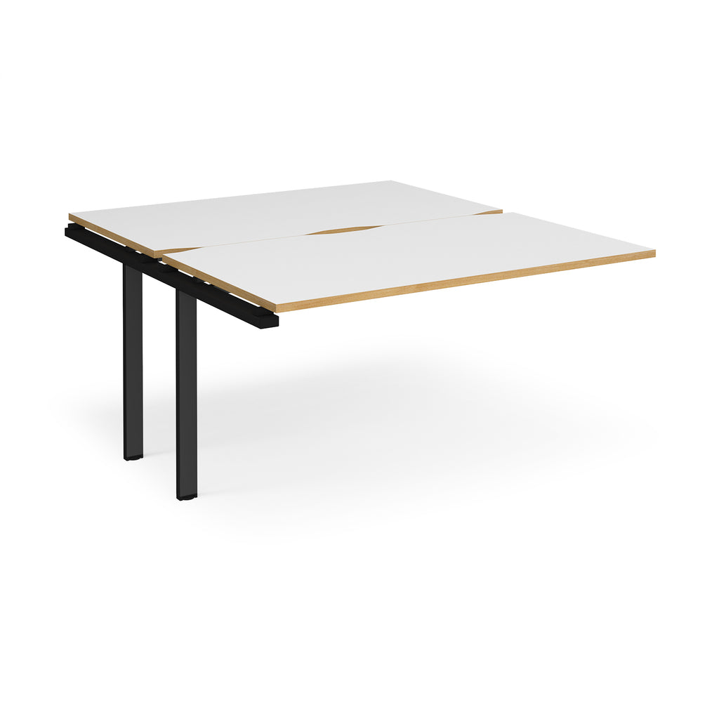 Desk add-on unit with white top with wooden edges and black metal frame on a white background