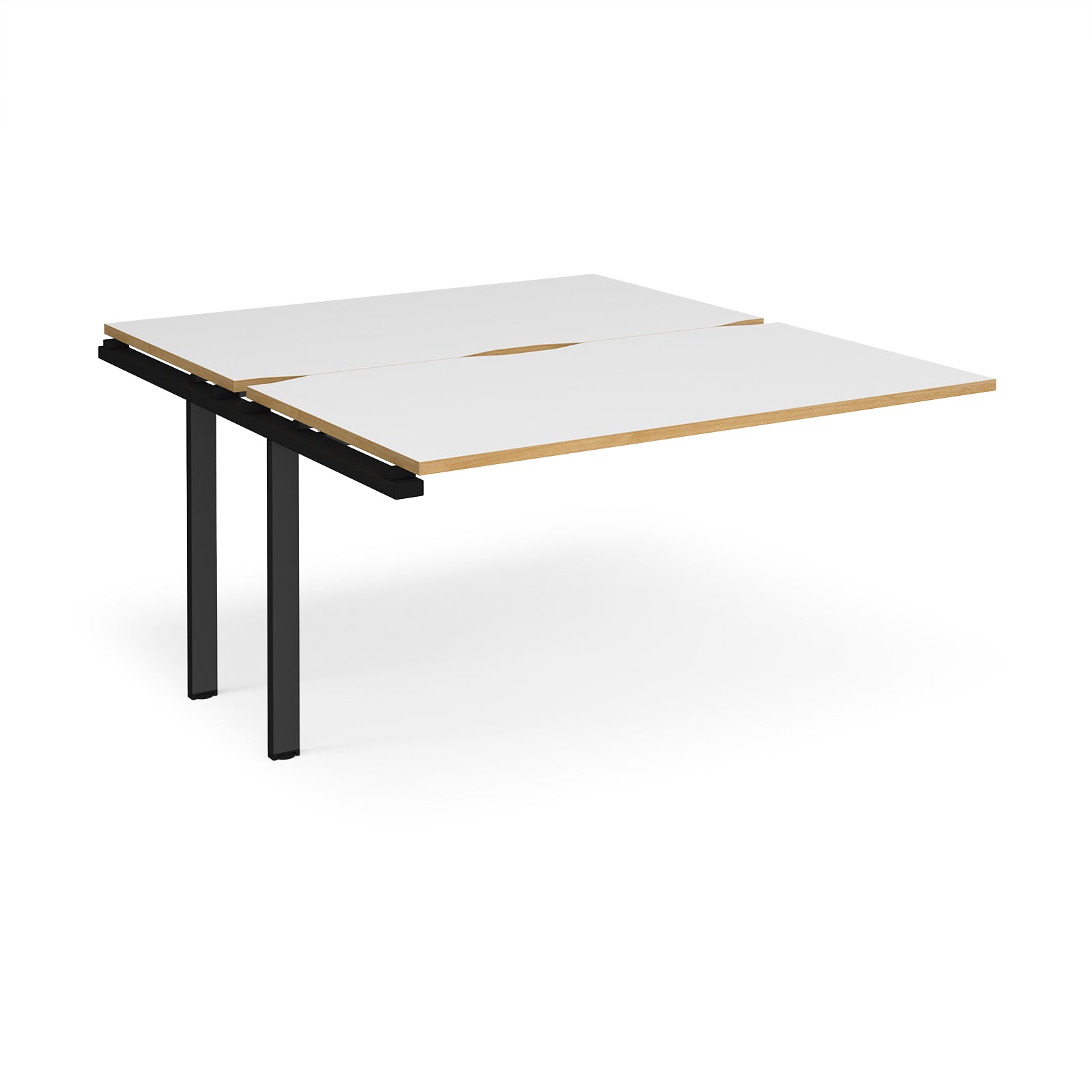 Desk add-on unit with white top with wooden edges and black metal frame on a white background